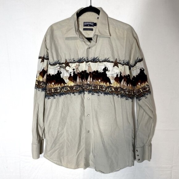 Vintage Panhandle Slim Beige Cowboy Horses Landscape Print Pearl Snap Shirt L - Picture 12 of 12